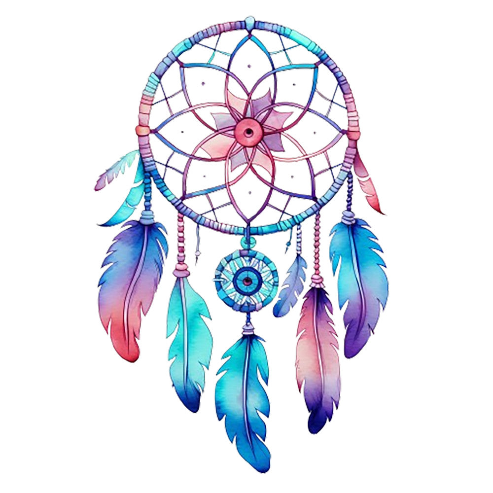 Watercolor Dream Catcher Fabric Panel 4 featuring a colorful, hand-painted style dream catcher with feathers in blue and purple tones.