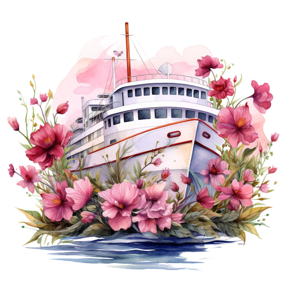 cruise ship, pink flowers, hibiscus, watercolor style, maritime, nautical, white vessel, coral pink, magenta, soft pastels, tropical blooms, ocean waves, boat illustration, floral arrangement, fabric panel, quilting cotton, travel theme, vacation motif, scenic design, whimsical art