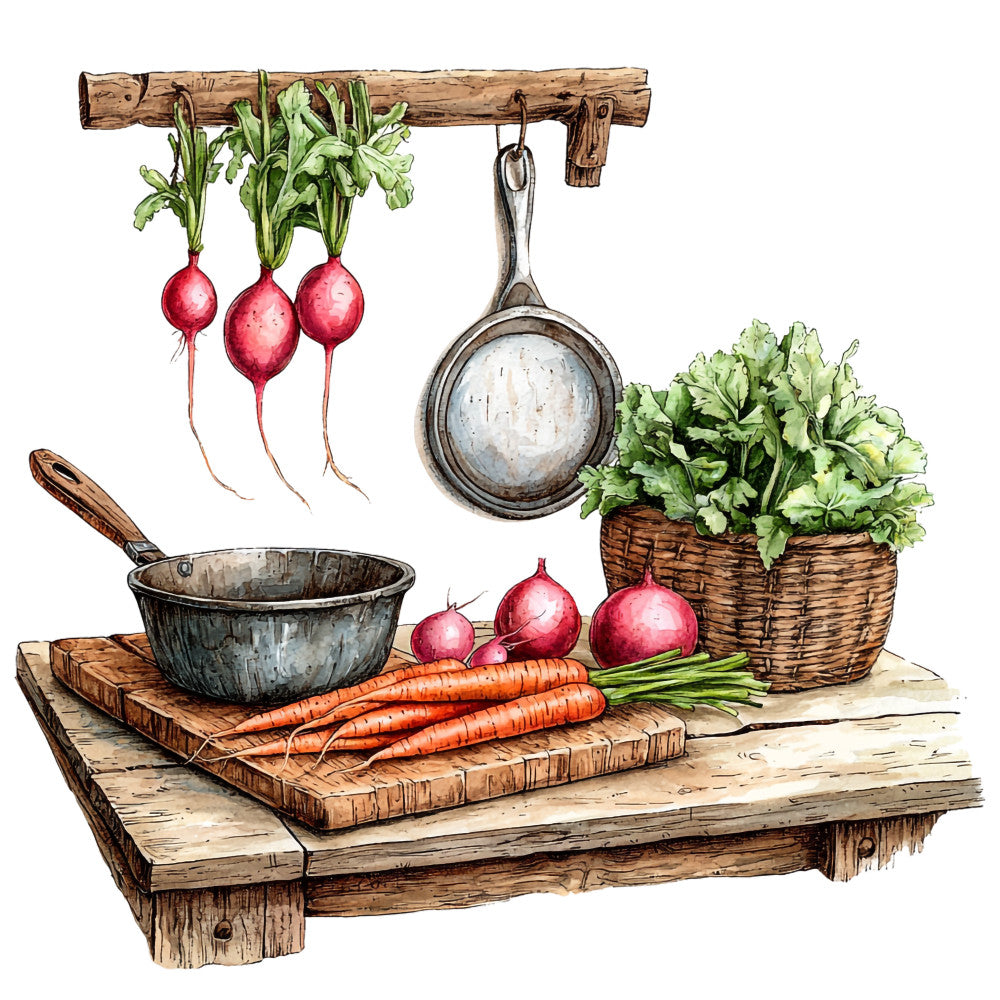 rustic kitchen, wooden table, fresh vegetables, radishes hanging, carrots, red onions, leafy greens, wicker basket, cast iron pan, cutting board, country style, earth tones, brown wood, red vegetables, green foliage, watercolor style, fabric panel, quilting cotton, farm fresh, kitchen scene