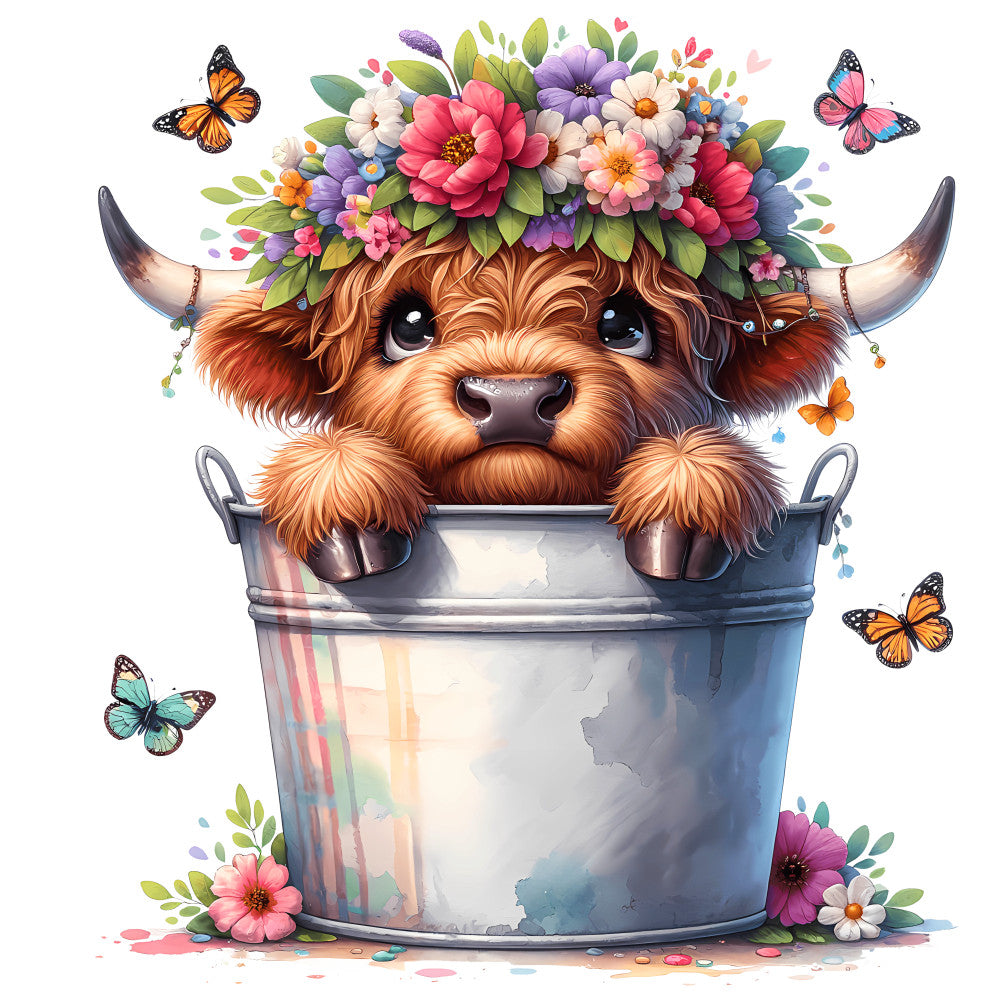 Cute Highland Cows in Buckets Fabric Panel 15 featuring an adorable cow with flowers and butterflies for quilting cotton projects.