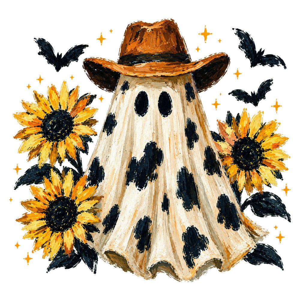 ghost, cowboy hat, sunflower, autumn, halloween, fall, cream, golden yellow, black, orange, whimsical, rustic, farmhouse, bats, stars, floral, harvest theme, western, spooky, celestial, nature-inspired, traditional, cottagecore, seasonal, wall hanging, halloween decor, folk art, hand-painted, artistic, vintage inspired