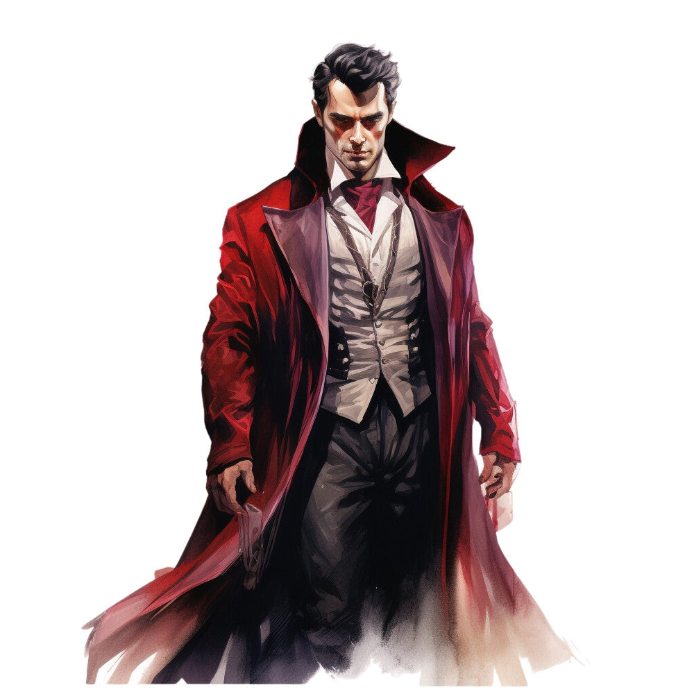 crimson red, deep burgundy, black, cream, white, portrait, figure, man, gentleman, vampire, gothic, elegant, sophisticated, dramatic, formal wear, evening wear, costume, character design, fantasy, dark romance, steampunk, vintage clothing, cape, coat, tailored, mysterious, moody, theatrical, dramatic lighting, digital art style