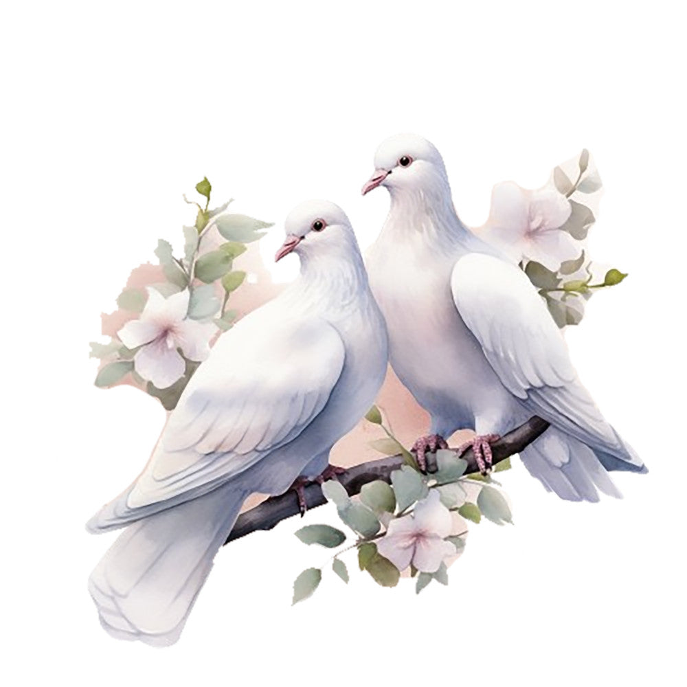Spring White Doves Fabric Panel 11 featuring two detailed white doves perched on a branch with soft pastel flowers on premium quilting cotton.