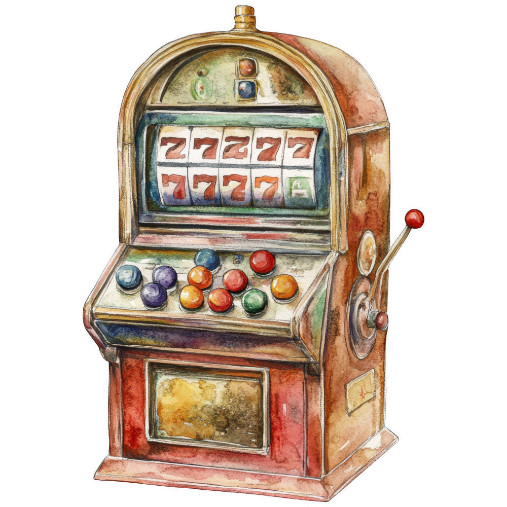 watercolor, slot machine, vintage casino, gambling, red, orange, gold, brass, colorful buttons, sevens, reels, retro gaming, nostalgic, fabric panel, quilting cotton, rust tones, green accents, blue highlights, purple spheres, antique style