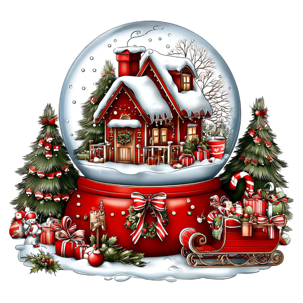 christmas, holiday, snow globe, red house, winter, snow, festive, traditional, whimsical, evergreen trees, candy canes, presents, gifts, snowman, red and white, forest green, gold accents, seasonal, vintage christmas, nostalgic, decorative, magical, cozy, family-friendly, christmas scene, snowy landscape, holiday cheer, gingerbread house aesthetic, winter wonderland, red base