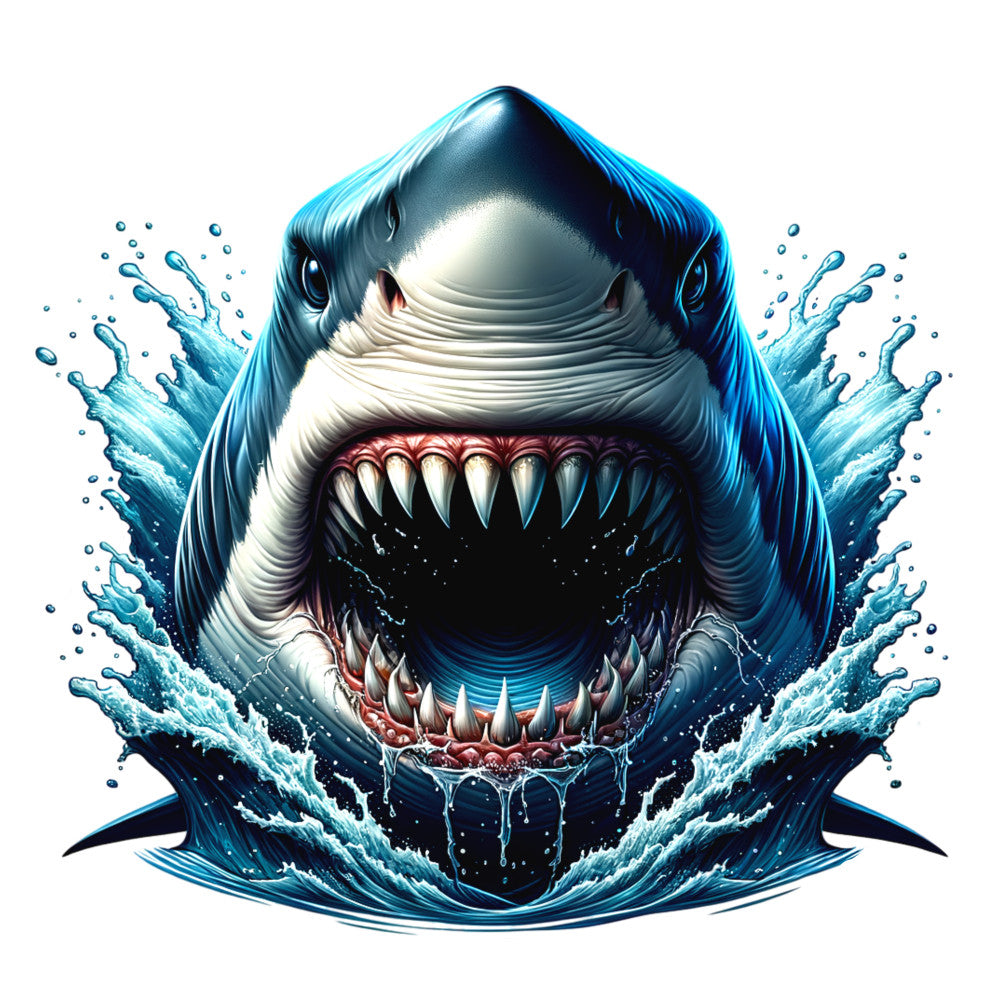 shark, angry shark, marine animal, ocean predator, blue, teal, white, black, red gums, sharp teeth, open mouth, water splash, fabric panel, quilting cotton, sea creature, oceanic theme, fierce expression, aquatic design, swimming, underwater scene