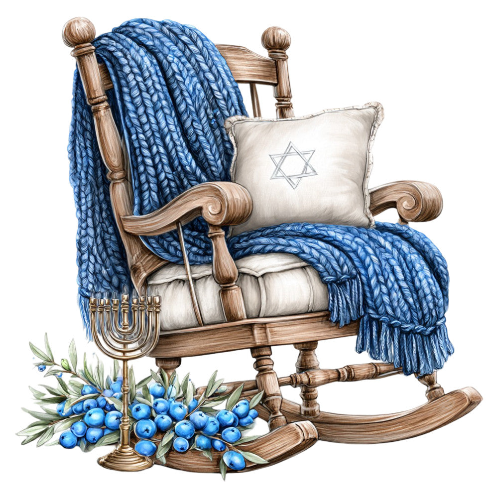 navy blue, cream white, gold, jewish theme, star of david, menorah, blueberries, nature, traditional, elegant, rustic, vintage, botanical, fruit motif, cultural, heritage, hanukkah, religious, woven texture, braided blanket, cozy, home decor, throw pillow, wall hanging, spiritual, ceremonial, blue and white, natural elements, timeless