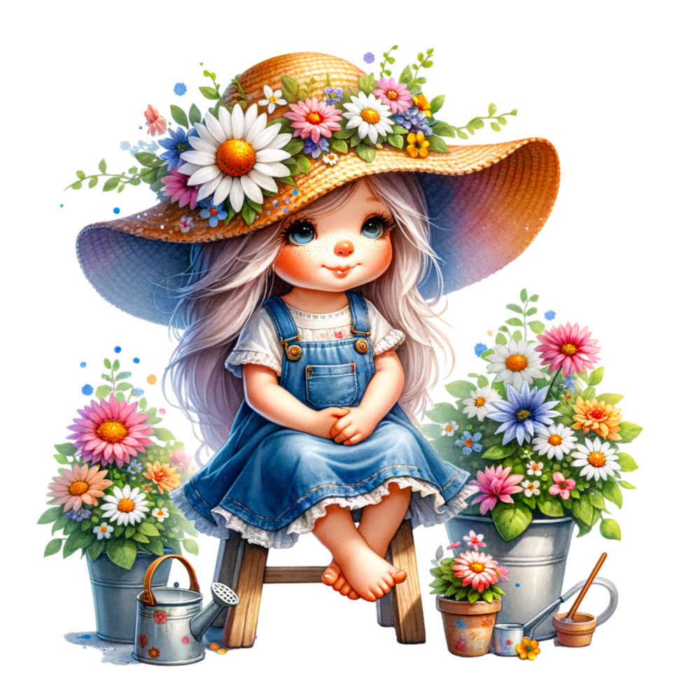 spring garden, little girl, floral hat, denim overalls, watering can, colorful flowers, daisies, purple blooms, straw hat, garden tools, potted plants, whimsical illustration, pastel colors, blue denim, orange accents, pink flowers, white daisies, fabric panel, quilting cotton, children's design, garden theme, springtime motif
