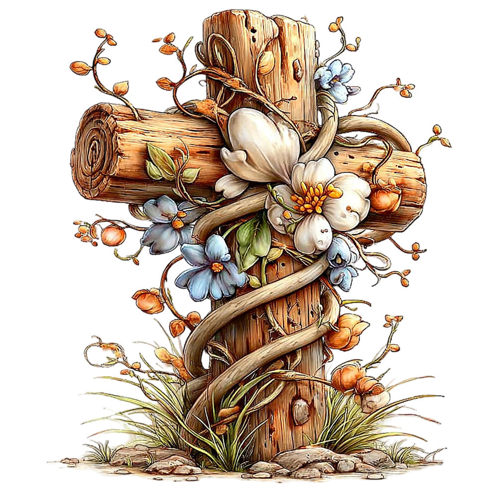 wooden cross, floral arrangement, blue flowers, white blossoms, orange berries, brown wood grain, twisted vines, fabric panel, watercolor style, religious motif, botanical elements, rustic design, earth tones, quilting cotton, spring blooms, nature inspired, cross stitch pattern, pastoral scene, wildflowers, decorative branches