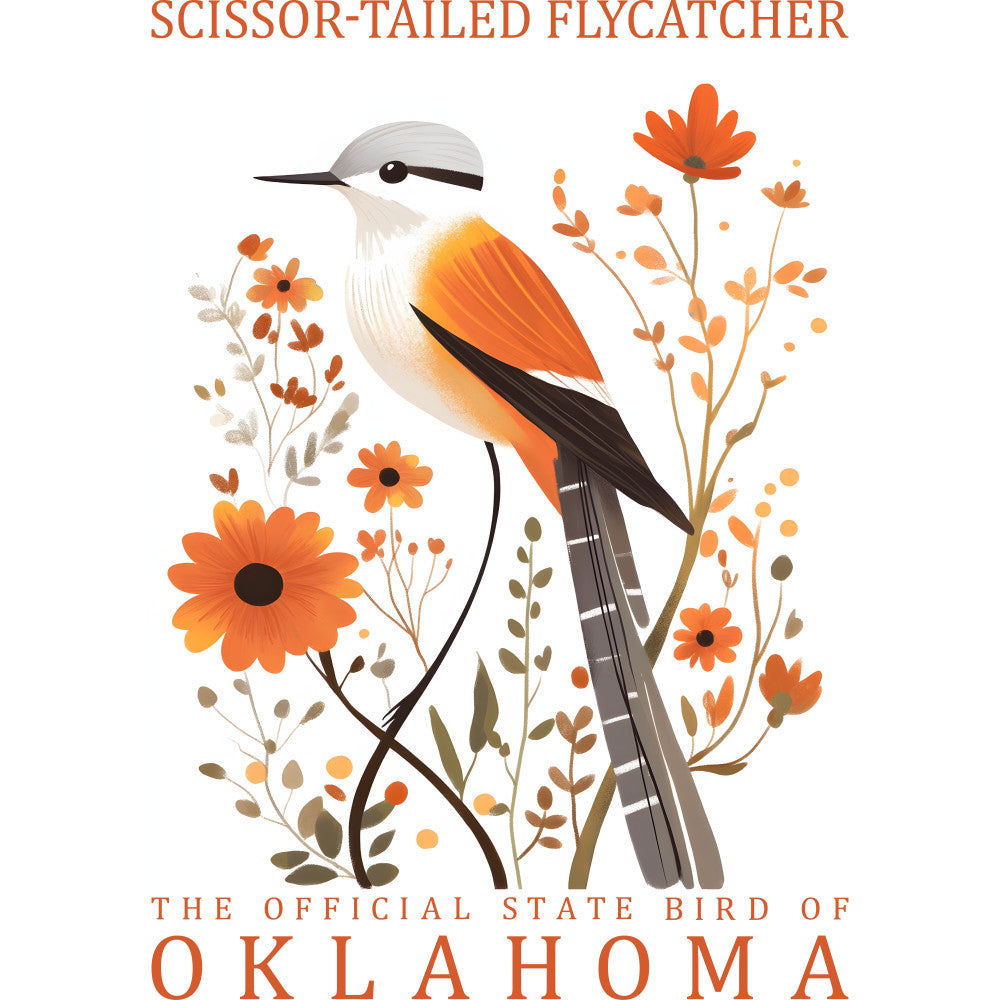 state bird, scissor-tailed flycatcher, oklahoma, orange, coral, brown, gray, white, botanical, wildflowers, daisy flowers, bird illustration, nature motif, fabric panel, quilting cotton, prairie flowers, orange blossoms, folk art style, decorative stems, warm tones, artistic birds