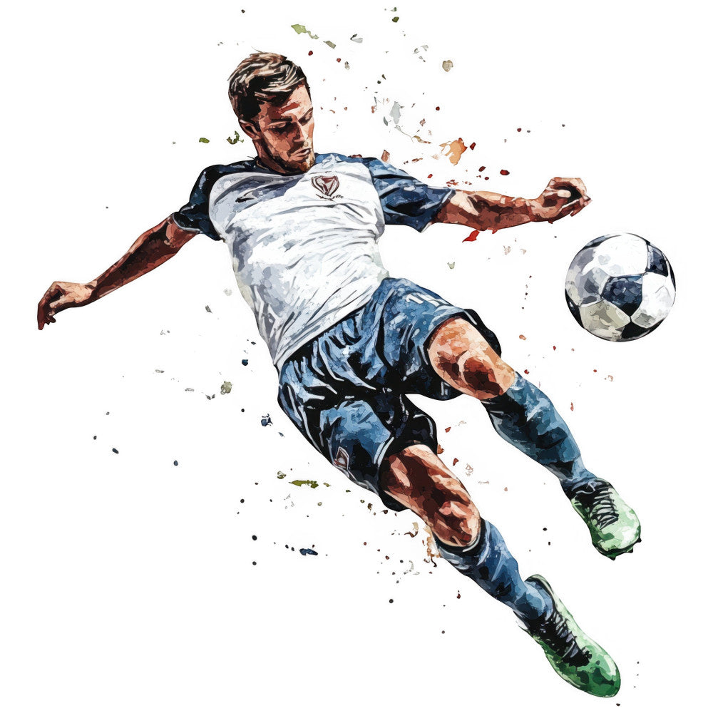 soccer, football, sports, athlete, action, dynamic, blue and white, navy blue, white, black, green, red, watercolor, splatter, paint splash, abstract, modern, athletic, masculine, team sports, ball sport, youth sports, active lifestyle, energetic, contemporary, sports enthusiast, gift, wall art, home decor