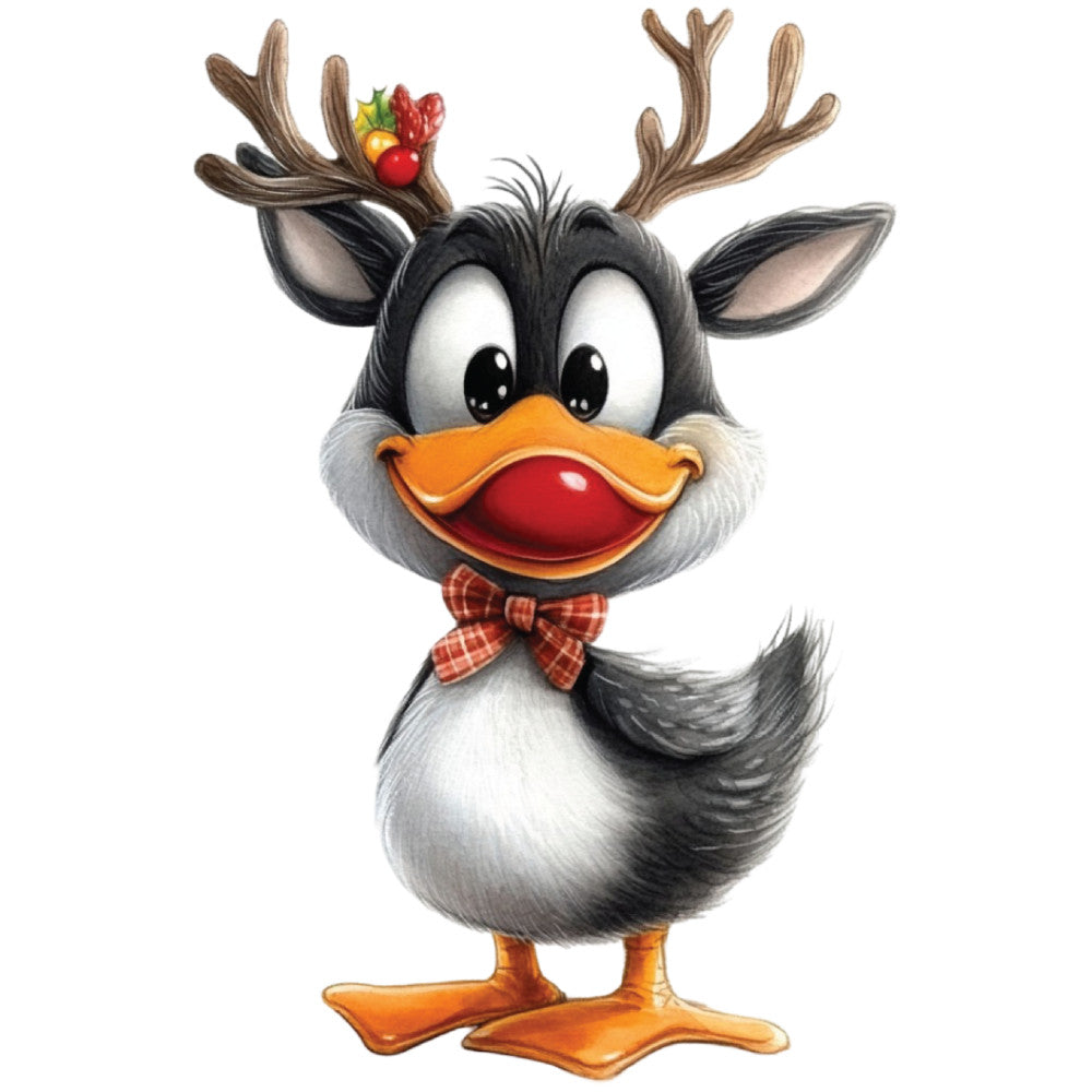 whimsical duck, reindeer antlers, christmas themed, holiday character, orange beak, red bow tie, gray feathers, white chest, orange webbed feet, cartoon style, festive decoration, seasonal motif, fabric panel, quilting cotton, playful design, winter holiday, cheerful expression, mixed animal features, craft project, sewing panel