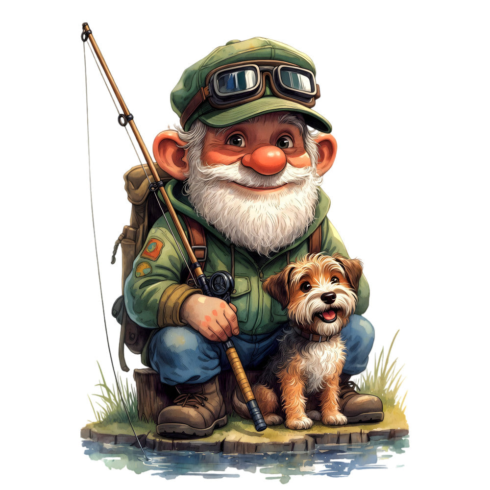 fishing gnome, whimsical, forest green, sage green, navy blue, orange, rust orange, vintage, rustic, gnome with dog, terrier, fishing rod, outdoor, nature, countryside, folk art, charming, cheerful, novelty, character panel, storybook, cottage core, autumn, warm tones, beige, cream, water, pond, grass, traditional