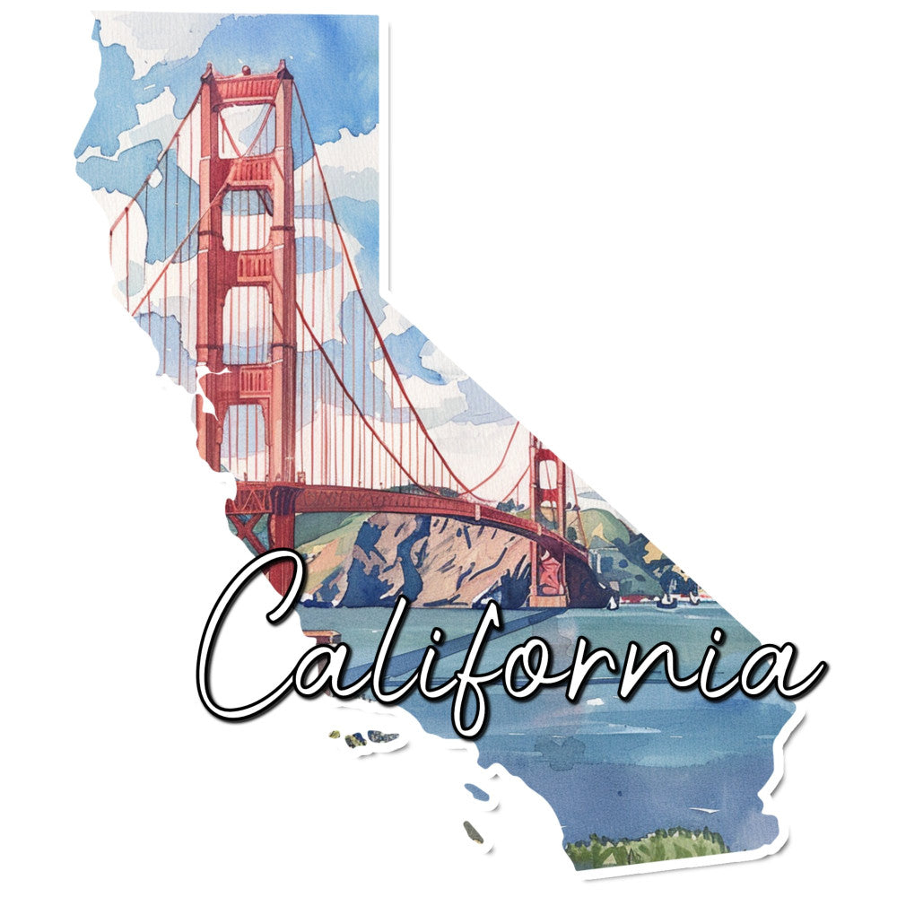 california, golden gate bridge, san francisco, travel, landmarks, vintage travel, state map, red bridge, blue sky, water, nautical, scenic, geography, americana, retro, illustration, architectural, sightseeing, west coast, tourist, cream, rust red, ocean blue, sky blue, tan, travel themed, adventure, iconic, art deco style, decorative panel