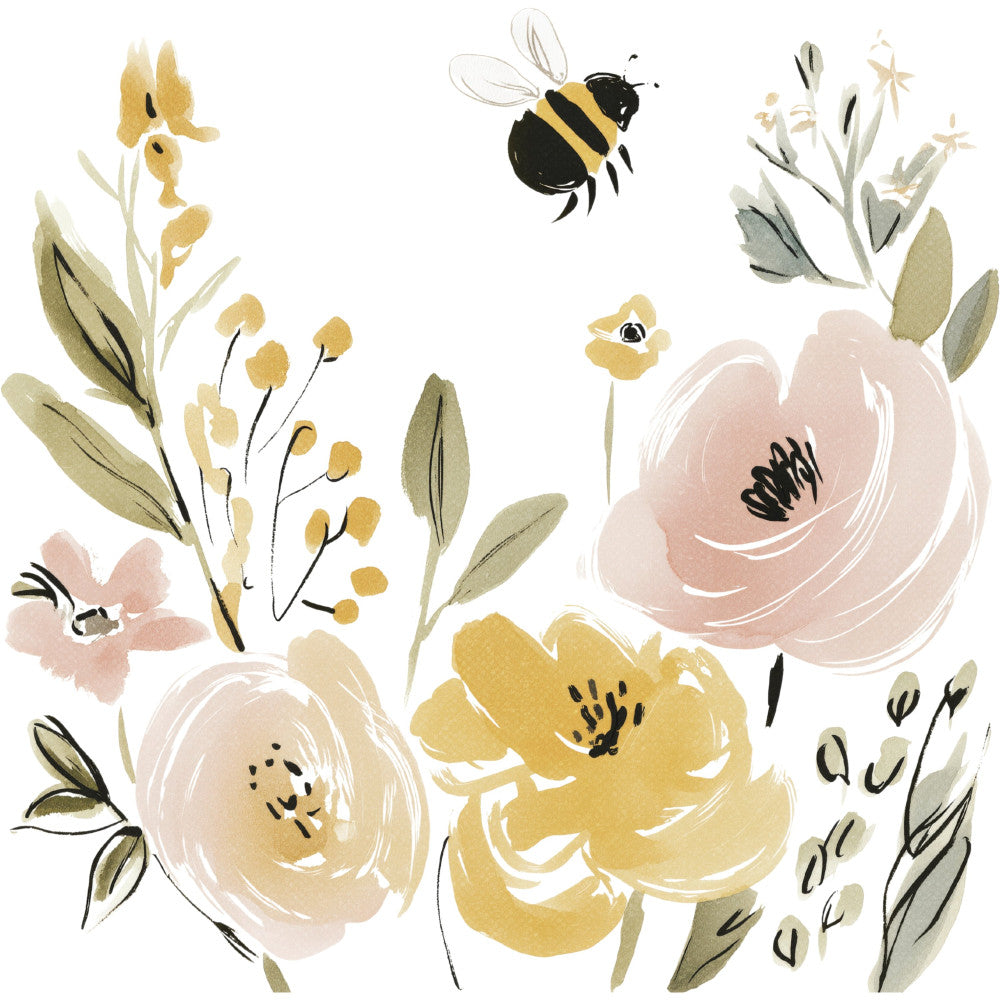floral, botanical, bee, bumble bee, wildflowers, spring, nature, garden, yellow flowers, cream flowers, dusty rose, soft pink, sage green, olive green, tan, watercolor, painted, whimsical, modern botanical, delicate, elegant, cottage core, farmhouse, nature illustration, pollinators, insects, leaf motifs, flower buds, soft colors, pastel