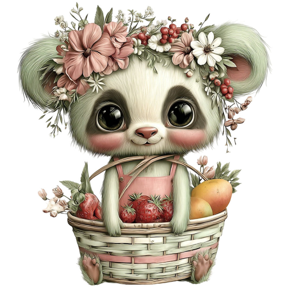 cute animal, woodland creature, bear, floral crown, flowers, berries, basket, fruit, nature, whimsical, gentle, soft, pastel colors, cream white, sage green, dusty rose, coral pink, soft pink, rustic charm, cottage core, spring, summer, baby themed, nurturing, sweet, innocent, decorative panel, wall hanging, nursery, children's
