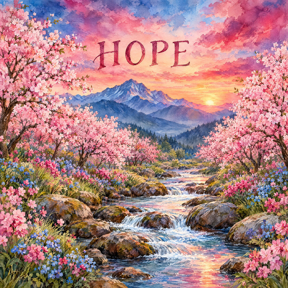 hope, landscape, mountain, sunset, sunrise, cherry blossoms, pink flowers, blue flowers, spring, nature, scenic, inspirational, motivational, waterfall, river, trees, forest, romantic, dreamy, whimsical, elegant, peaceful, serene, coral pink, dusty rose, soft pink, golden yellow, sky blue, periwinkle, natural beauty