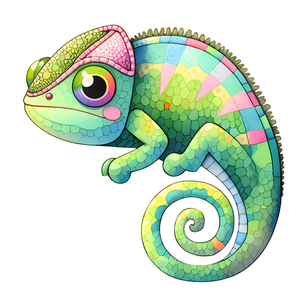 chameleon, lizard, reptile, colorful, lime green, mint green, turquoise, pink, coral pink, yellow, blue, multicolor, rainbow, whimsical, cute, playful, animals, nature, geometric patterns, patchwork, modern, children's, kids, baby, illustrated, vibrant, nature theme, curly tail, spotted pattern