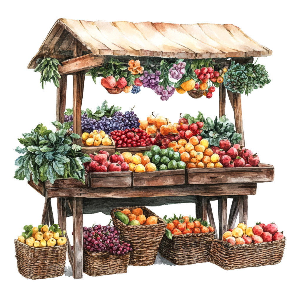 fruit stand, farmers market, watercolor style, rustic wooden stall, fresh produce, colorful fruits, vegetables, wicker baskets, green leafy vegetables, red apples, purple grapes, orange citrus, yellow fruits, brown wood texture, fabric panel, quilting cotton, countryside scene, harvest theme, vintage market, botanical illustration