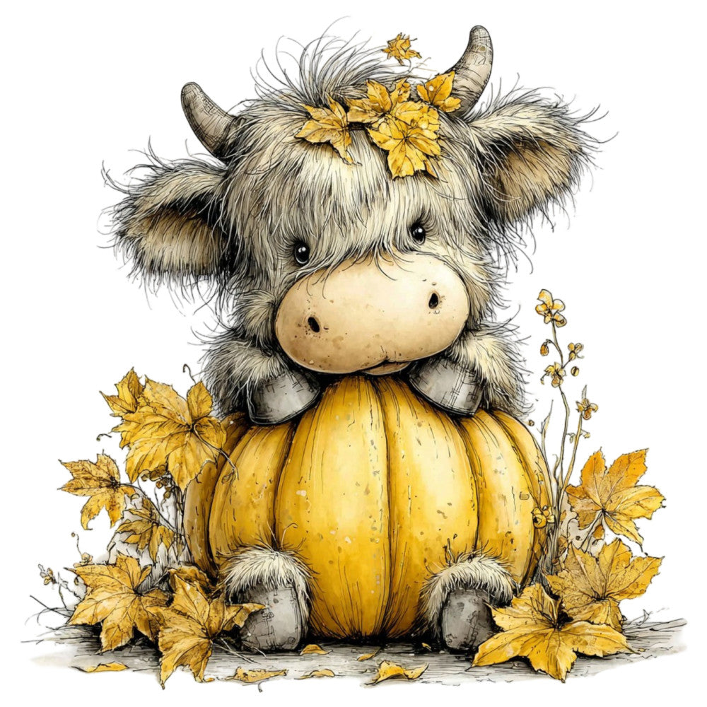 autumn, fall, highland cattle, highland cow, yak, whimsical, cute animals, farmhouse, rustic, cream, tan, beige, golden yellow, mustard yellow, nature, woodland, harvest, cozy, storybook illustration, children's, baby, botanical, leaves, flowers, daisy, gentle, soft, cottage core, seasonal, thanksgiving
