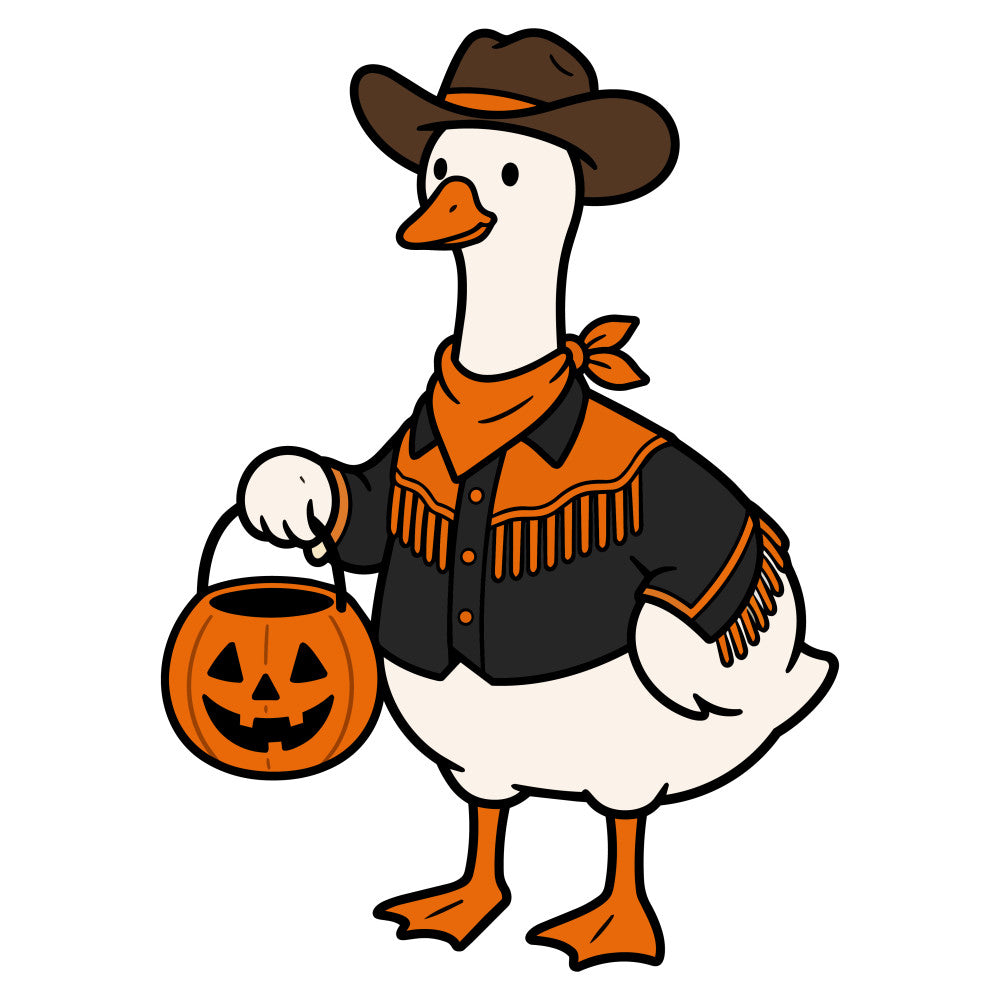 cowboy duck, halloween, pumpkin jack-o-lantern, western, autumn, fall, orange, brown, black, cream, white, animal, bird, waterfowl, whimsical, rustic, festive, novelty, costume, bandana, fringe, cowboy hat, holiday, seasonal, children's, playful, decorative, harvest, trick-or-treat