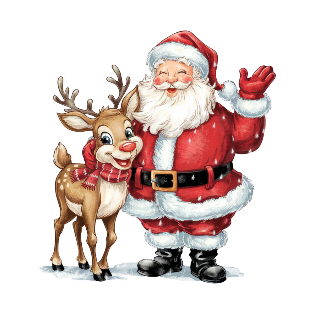 santa claus, reindeer, red suit, white beard, christmas hat, brown antlers, red nose, festive scarf, black belt, winter scene, holiday characters, cartoon style, cheerful illustration, fabric panel, quilting cotton, seasonal design, christmas theme, jolly santa, cute reindeer, snowy background