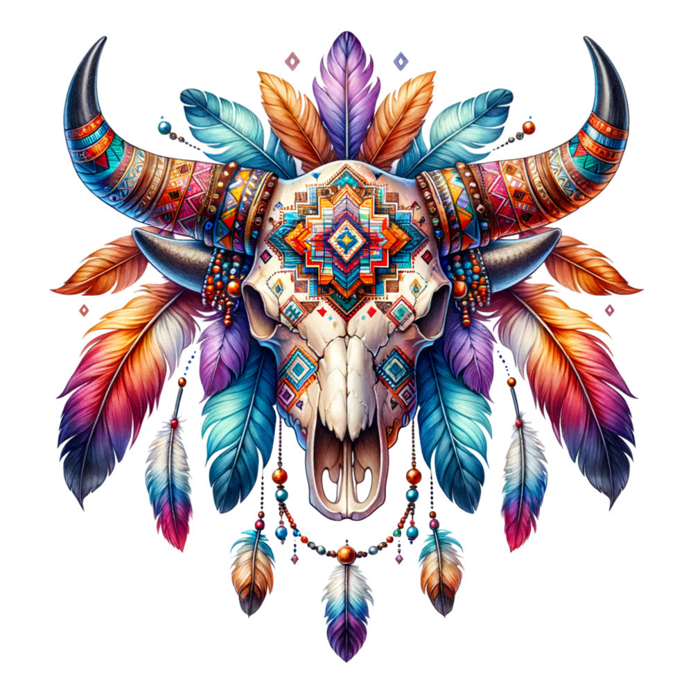 bull skull, tribal patterns, geometric designs, feathers, dreamcatcher, turquoise blue, orange, purple, teal, coral pink, native american inspired, southwestern style, boho chic, mandala motifs, beadwork details, fabric panel, quilting cotton, spiritual symbols, ornate decoration, vibrant colors