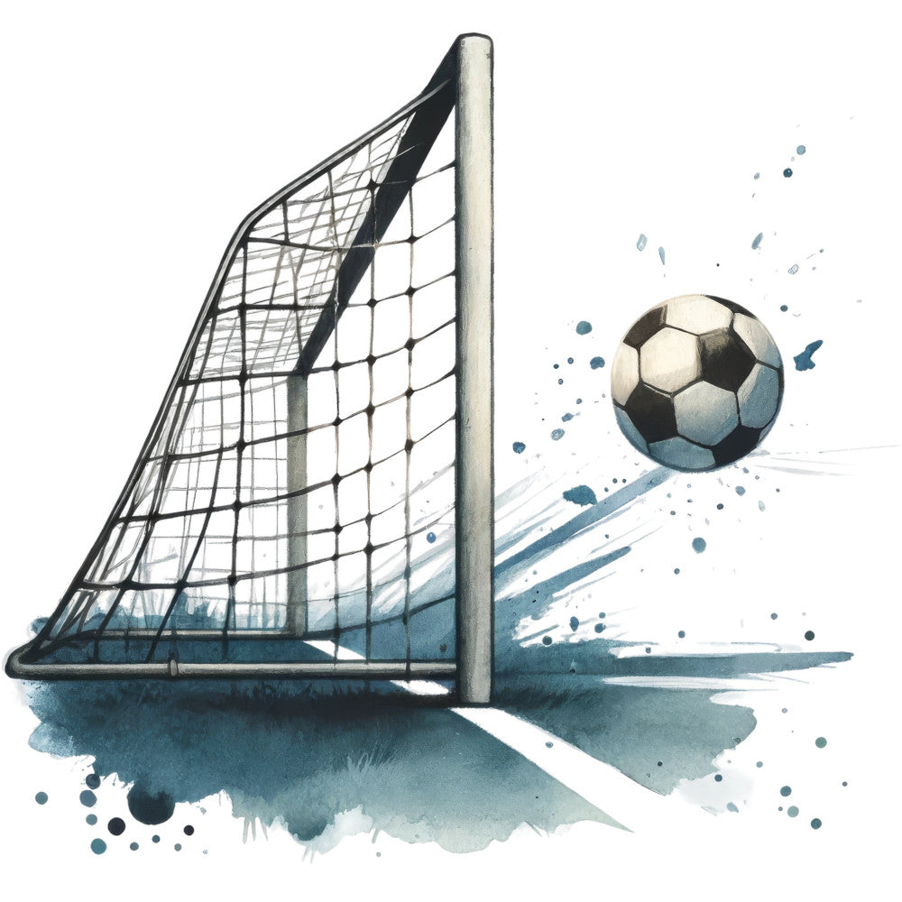 soccer, sports, goal, football, athletic, teal blue, navy blue, cream, white, watercolor, abstract, splatter, ink splash, modern, contemporary, masculine, dynamic, action, ball, net, goal post, youth, kids, boys, sports themed, energetic, motion, graphic, illustrated, casual style