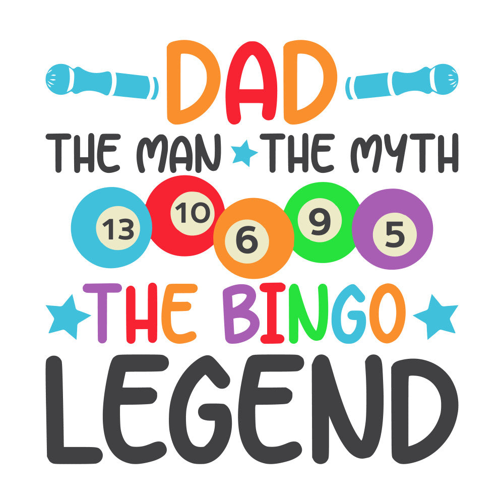 turquoise, orange, red, green, purple, bingo balls, numbered circles, colorful text, playful design, gaming theme, fabric panel, quilting cotton, bright colors, dad theme, legend text, star accents, casual style, fun motif, craft fabric, decorative panel