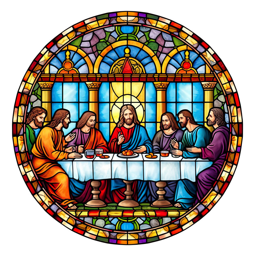 stained glass, religious, last supper, jesus christ, spiritual, biblical, faith, christian, gold, blue, red, purple, orange, yellow, ornate, traditional, elegant, vintage, arched window, figures, architectural, decorative border, sacred, devotional, multi-figure, dinner scene, tabletop, wall hanging, religious decor, church