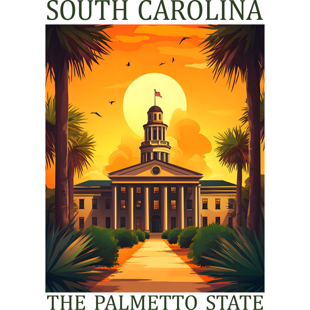 fabric panel, south carolina, state capitol, palmetto trees, sunset sky, orange gradient, yellow sun, colonial architecture, government building, warm colors, golden hour, silhouette birds, landscaped pathway, tropical foliage, vintage poster style, tourism design, southern state, quilting cotton, decorative panel, architectural landmark
