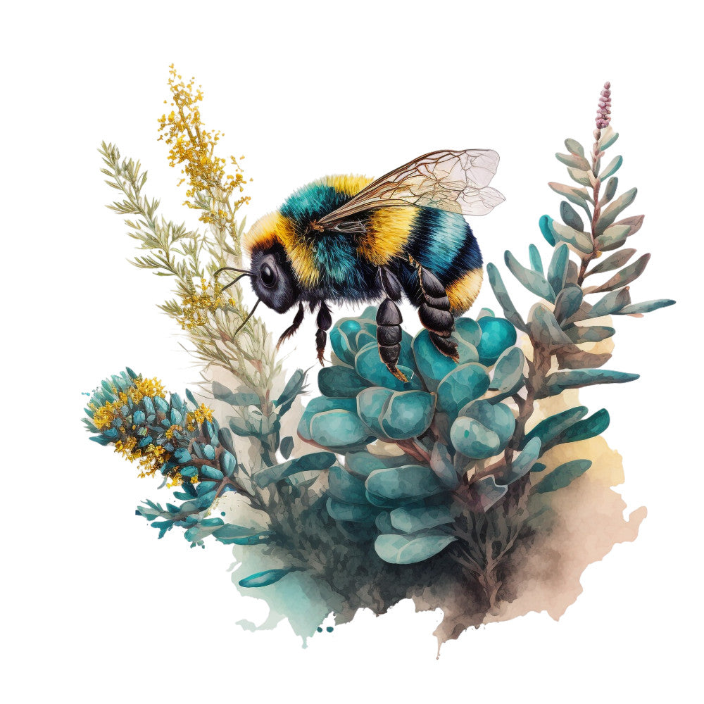 honey bee, bumblebee, botanical illustration, watercolor style, teal blue, golden yellow, black stripes, eucalyptus leaves, wildflowers, nature scene, fabric panel, quilting cotton, insect motif, spring theme, floral arrangement, realistic artwork, earth tones, sage green, delicate wings, pollinator design