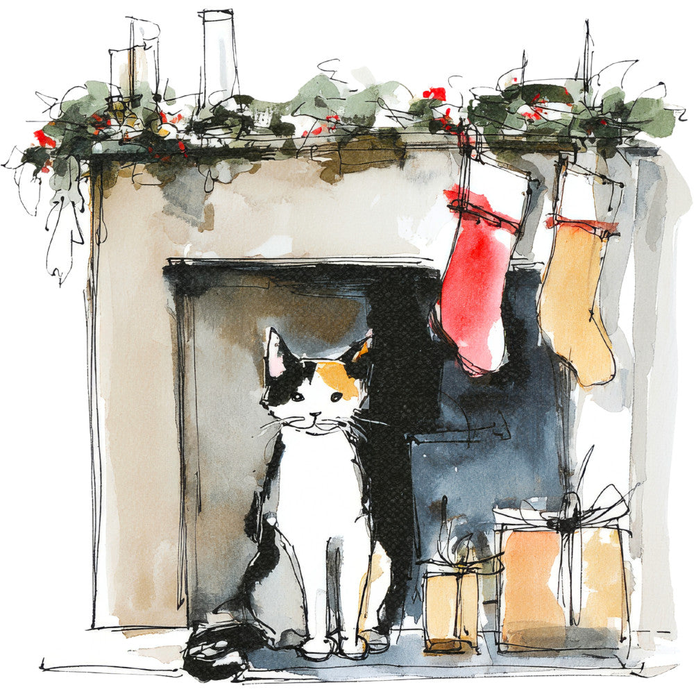 Handdrawn Christmas Cats Fabric Panel 47