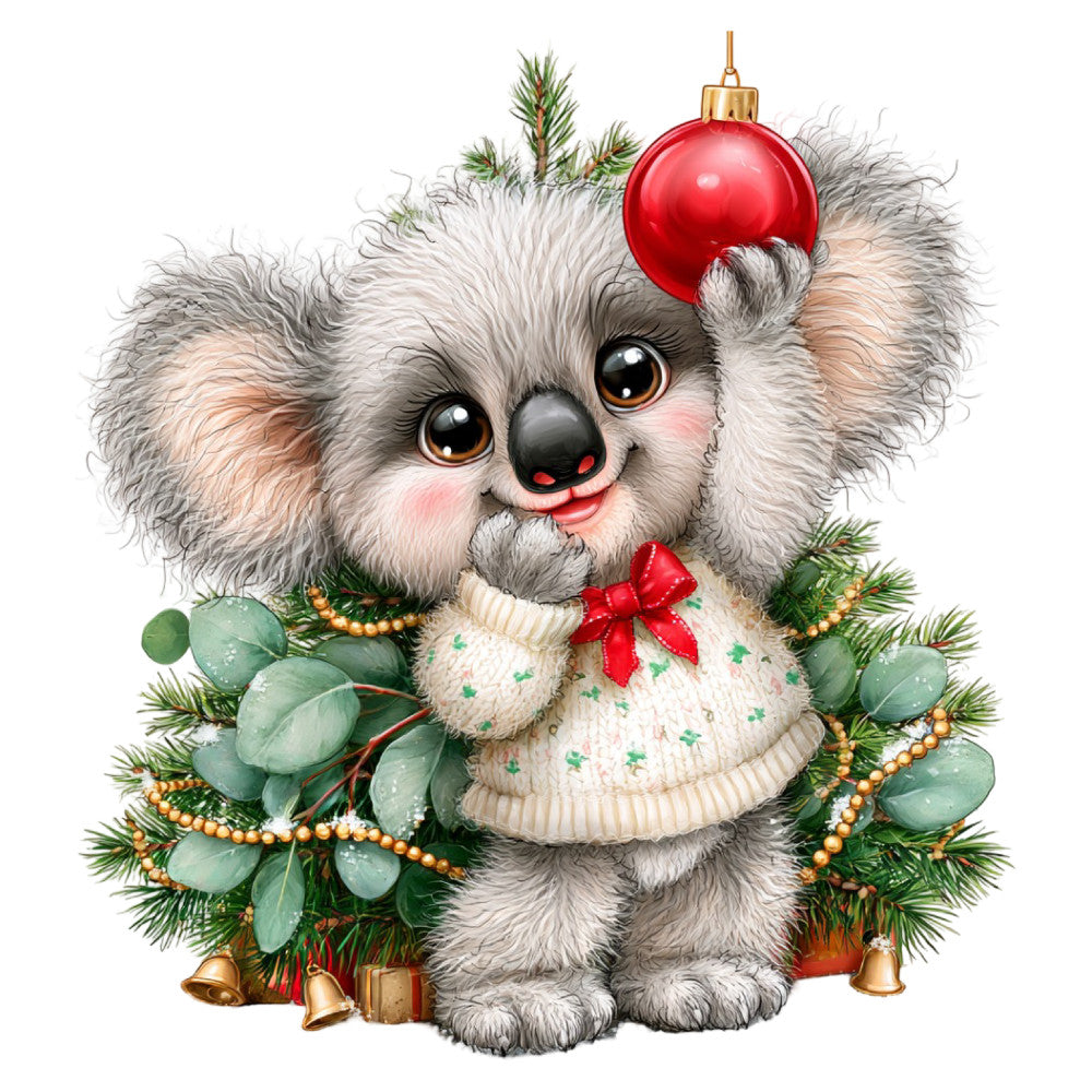 cute koala, christmas, holiday, festive, red ornament, cream sweater, green eucalyptus, gold beads, pearl beads, winter, seasonal, whimsical, charming, adorable animals, baby, nursery, children's, soft gray, warm cream, forest green, gold accents, red bow, decorative bells, nature-inspired, playful, cheerful, festive design, christmas panel