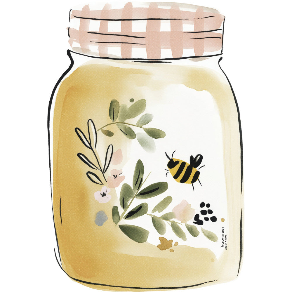 mason jar, bee, honey, wildflowers, botanical, nature, garden, spring, summer, soft yellow, cream, sage green, soft pink, black accents, whimsical, rustic, farmhouse, cottage core, illustrated, watercolor style, insects, foliage, herbs, branches, delicate, vintage inspired, pastoral, natural elements, baby nursery, wall hanging