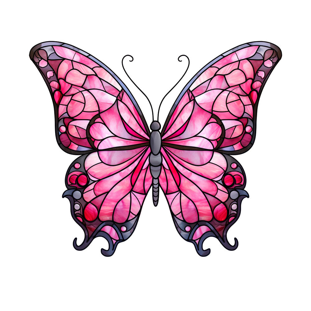 pink butterfly, stained glass style, magenta wings, purple accents, gray body, decorative wings, breast cancer awareness, butterfly panel, quilting fabric, cotton panel, pink ribbon theme, symmetrical design, vibrant colors, mosaic pattern, detailed illustration, fabric craft, sewing project, decorative motif, artistic butterfly, cancer support