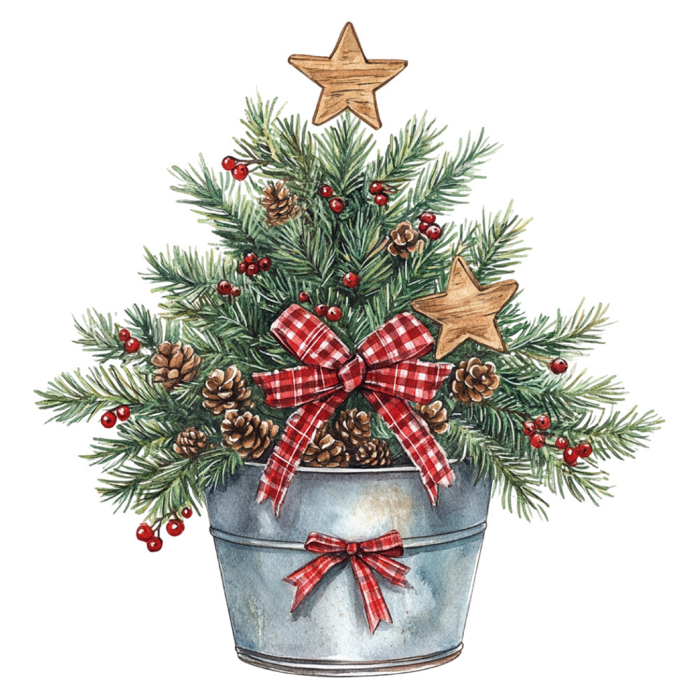 christmas tree, holiday, festive, evergreen, pinecones, red berries, wooden star, plaid bow, red and white gingham, rustic, farmhouse, traditional, winter, seasonal, potted plant, bucket planter, forest green, cream, gray blue, natural wood tones, cottagecore, vintage, whimsical, nature-inspired, botanical, decorative bow, christmas décor, festive arrangement, country style, folk art