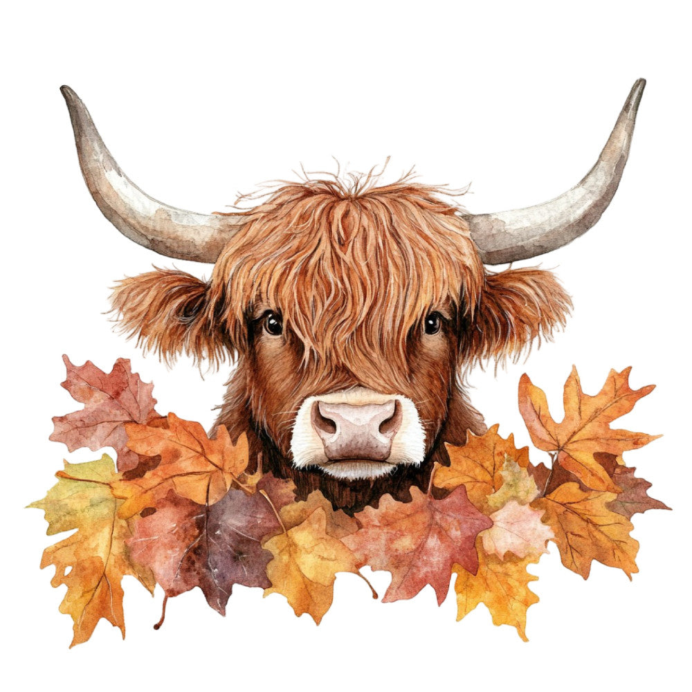 highland cattle, bull, rustic, autumn, fall, maple leaves, oak leaves, brown, rust, orange, burnt orange, cream, tan, beige, farmhouse, animals, livestock, nature, whimsical, folk art, watercolor, seasonal, harvest, country, cute, gentle, peaceful, woodland