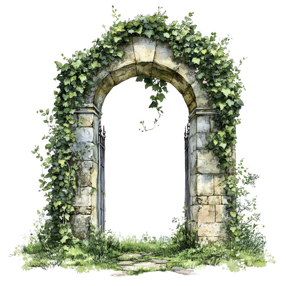 stone archway, ivy covered, weathered stone, garden gate, green foliage, climbing vines, rustic architecture, botanical illustration, countryside scene, watercolor style, moss green, sage green, gray stone, overgrown entrance, english garden, fabric panel, quilting cotton, romantic ruins, pastoral design, vintage charm