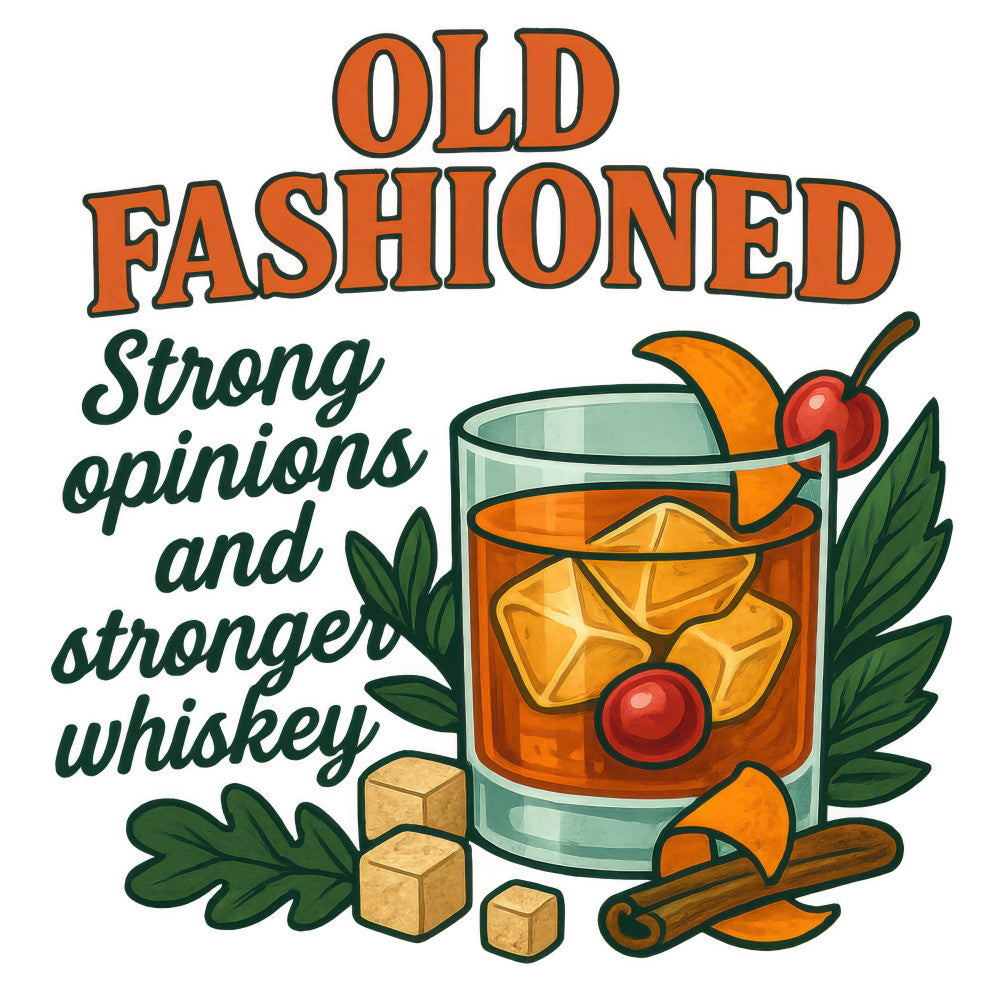 orange, green, amber, whiskey glass, old fashioned cocktail, cherry garnish, orange peel, ice cubes, cinnamon stick, brown sugar cubes, leaves, botanical elements, vintage style, retro illustration, fabric panel, quilting cotton, bar theme, cocktail design, warm colors, detailed artwork