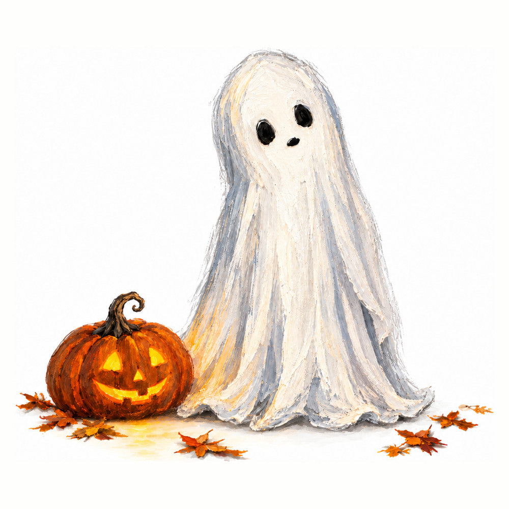 ghost, halloween, pumpkin, jack-o-lantern, autumn, fall, cream, off-white, orange, black, spooky, holiday, seasonal, whimsical, cute, festive, trick-or-treat, october, autumn leaves, wall hanging, children's, playful, timeless, traditional, decorative, harvest theme, october 31st, costume, spirit, ghostly