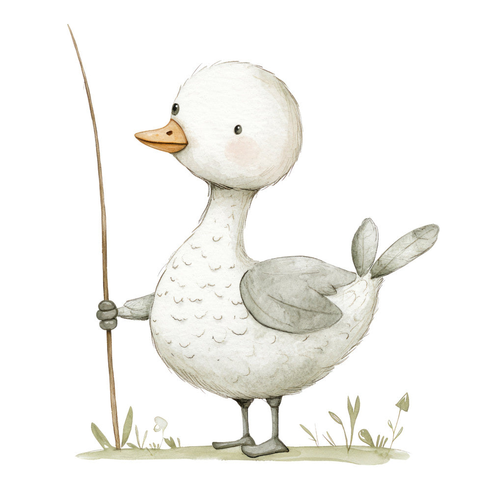 white duck, cream colored, tan, sage green, soft gray, whimsical, farmhouse, children's illustration, cute animals, water bird, fishing pole, nursery, storybook style, vintage illustration, nature themed, spring, summer, baby quilt, wall hanging, animal motif, peaceful, gentle, folk art, cottage core, pastoral, illustrated duck, pond life, outdoor scene, charming details