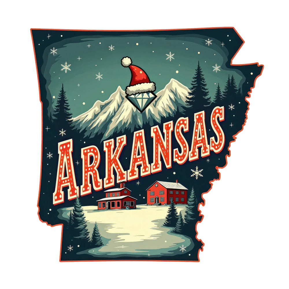 Christmas US States Fabric Panel 47 featuring Arkansas with snowy mountains, holiday houses, and festive Santa hat design.