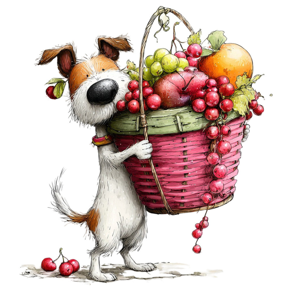 dog, harvest, autumn, fall, fruits, grapes, apples, pumpkin, radishes, berries, basket, whimsical, playful, animals, cute, charming, cream, ivory, burgundy, wine red, orange, green, brown, nature, farmhouse, rustic, children, kids, novelty, illustration