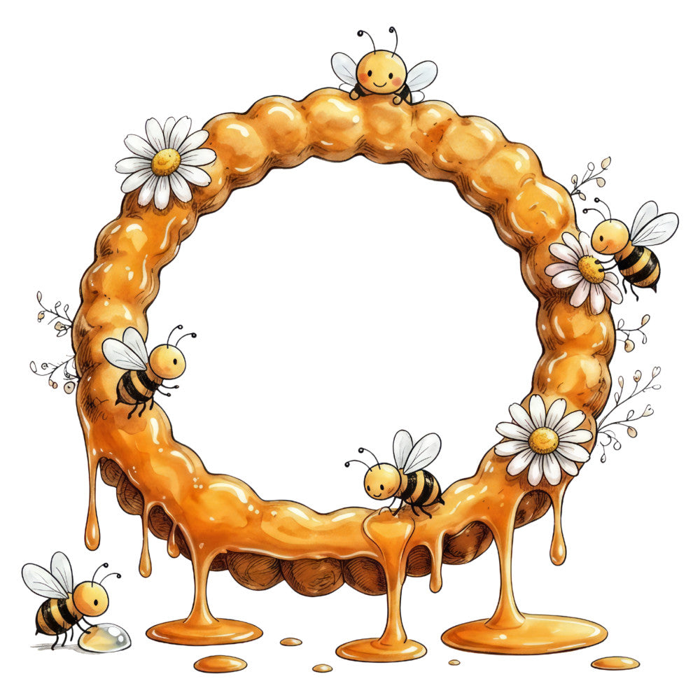 honey gold, golden yellow, warm orange, cream white, honeycomb, floral, bees, daisies, nature, whimsical, playful, children, baby, spring, summer, sweet, honey drip, bee theme, botanical, insects, cute animals, woodland, farmhouse, country, pastoral, decorative frame, border design, nursery, baby quilt, wall hanging