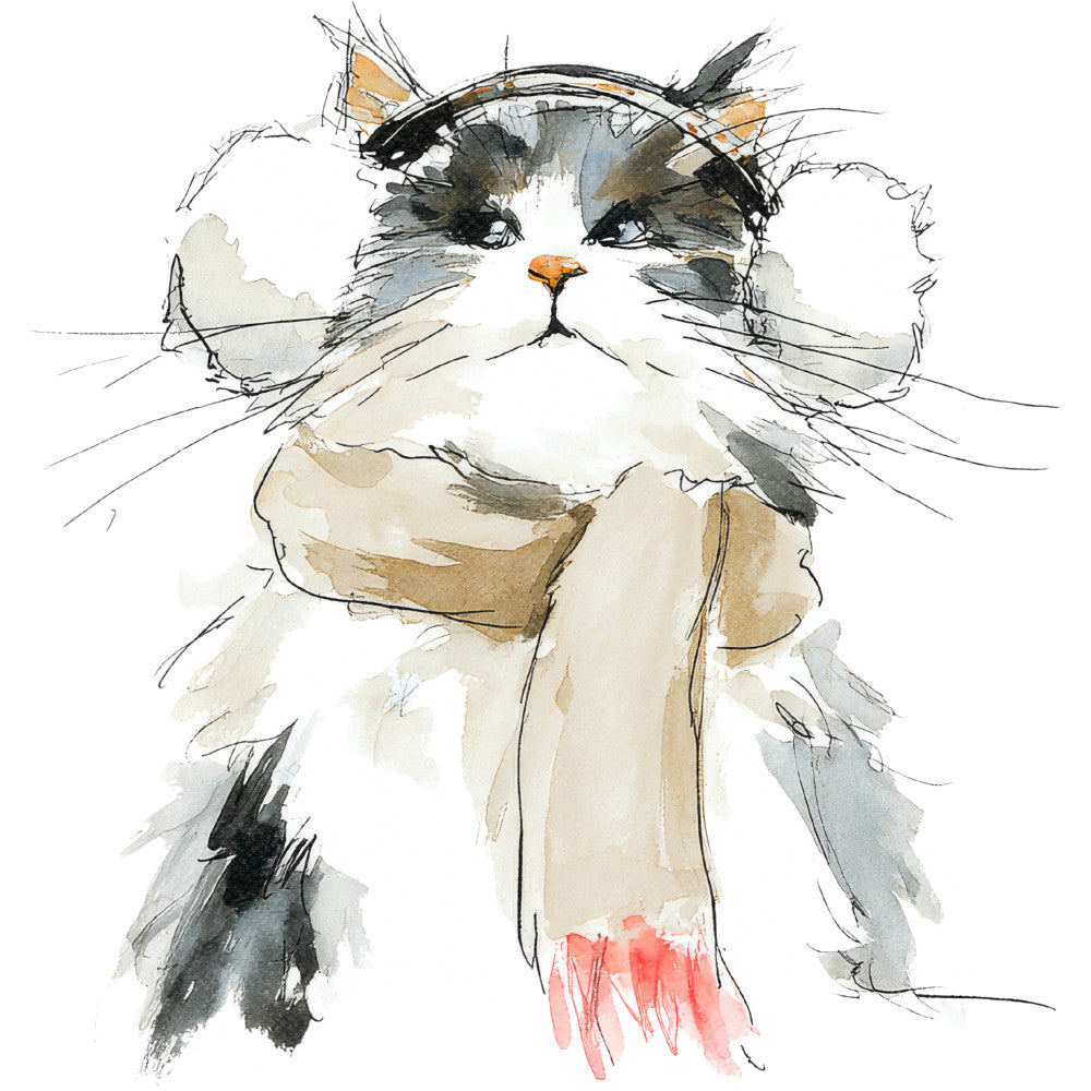 Handdrawn Christmas Cats Fabric Panel 17