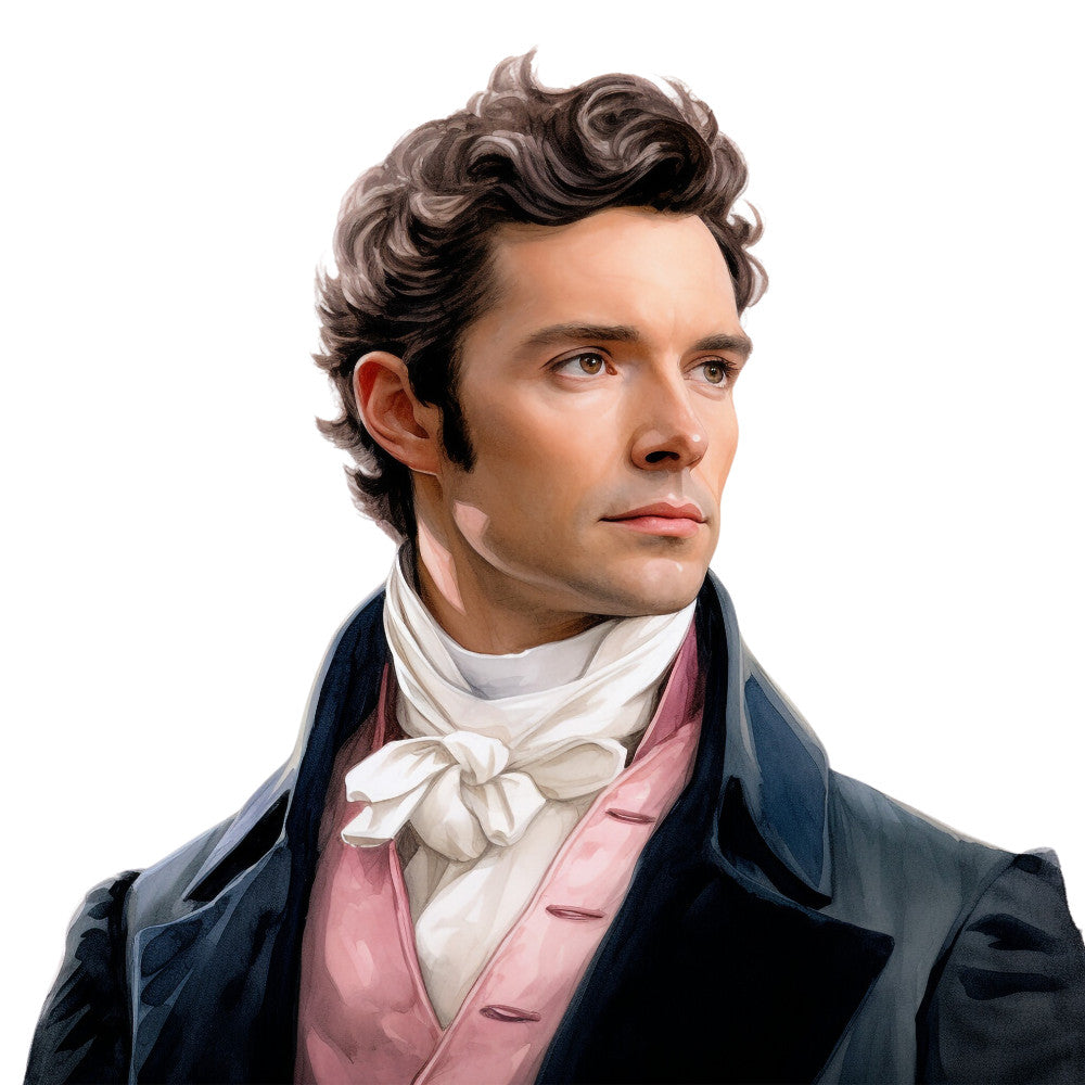 navy blue, dusty rose, cream white, curly brown hair, gentleman portrait, period costume, cravat, waistcoat, fabric panel, quilting cotton, historical fashion, romantic era, formal attire, male figure, elegant styling, soft lighting, vintage inspired, cotton fabric, crafting material, sewing project
