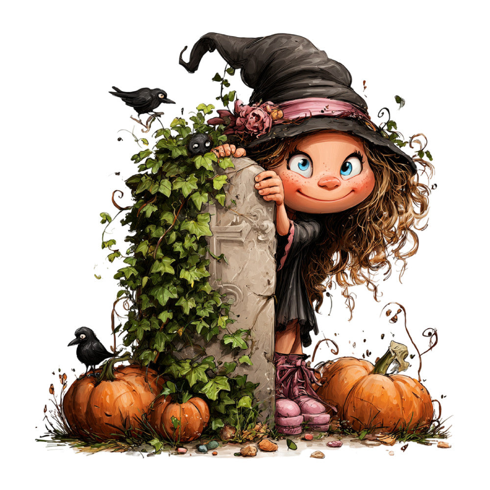 witch, halloween, autumn, fall, pumpkin, orange, black, pink, brown, forest green, cream, whimsical, festive, nature, birds, ivy, vines, leaves, rustic, cottage core, spooky, harvest, seasonal, enchanted, magical, children's, playful, wall hanging, novelty, character panel