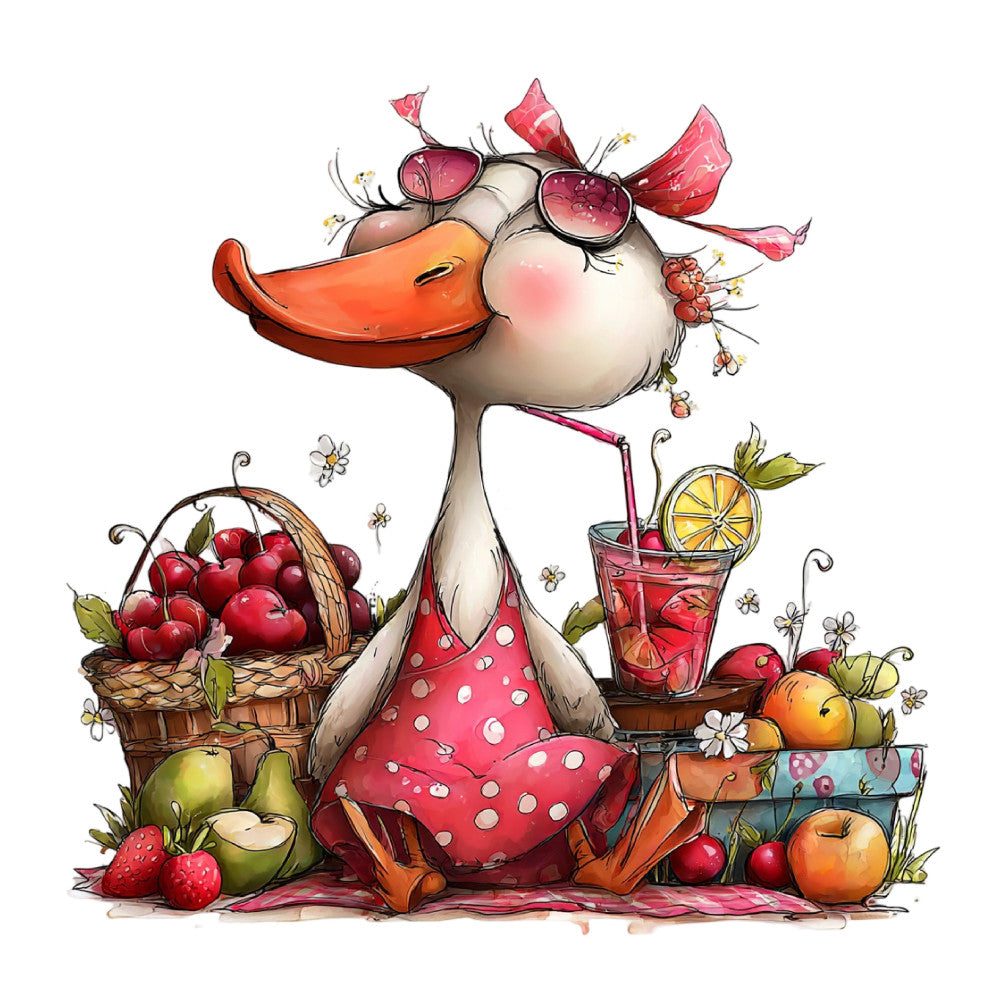 whimsical, character, cute animals, anthropomorphic, coral red, cream, orange, red polka dots, floral, fruit, strawberries, cherries, apples, citrus, lemons, summer, spring, playful, quirky, stylized, folk art, illustration, children's, decorative, colorful, nature inspired, garden theme, harvest