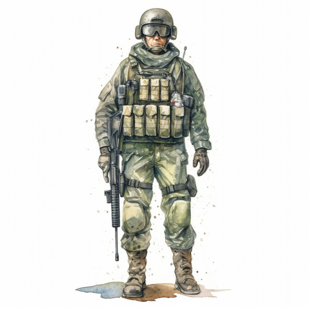 military, soldier, camouflage, tactical gear, combat, olive green, tan, khaki, beige, gray, brown, earthy tones, patriotic, armed forces, uniform, action themed, adventure, masculine, modern, realistic illustration, watercolor style, veteran, heroic, strength, courage, armed services, men's themed